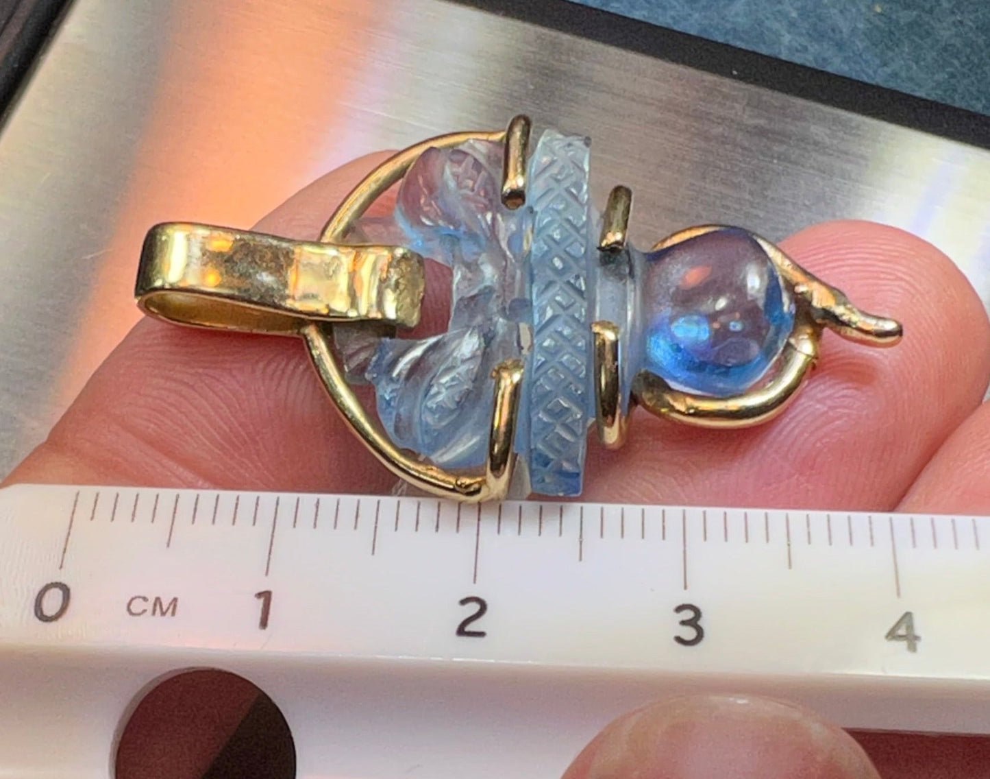 14k Gold Carved Aquamarine Blue Quartz Scottish Thistle Pendant. 1.5"