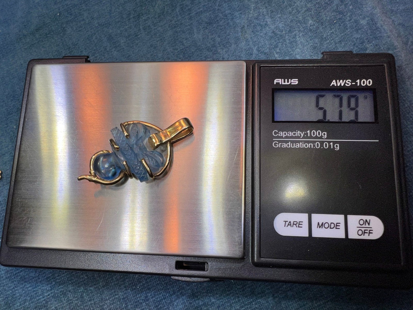 14k Gold Carved Aquamarine Blue Quartz Scottish Thistle Pendant. 1.5"