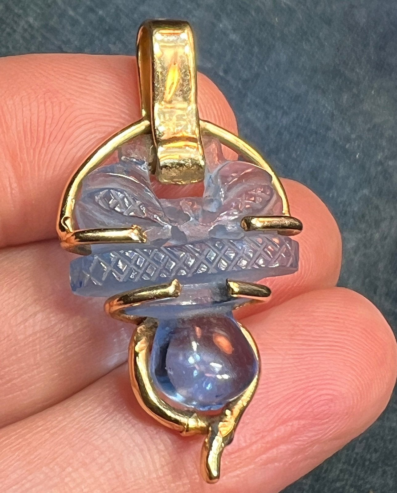 14k Gold Carved Aquamarine Blue Quartz Scottish Thistle Pendant. 1.5"