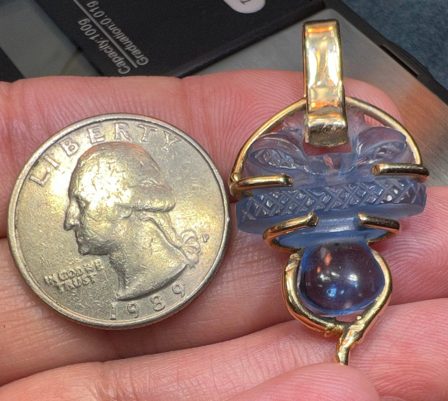 14k Gold Carved Aquamarine Blue Quartz Scottish Thistle Pendant. 1.5"