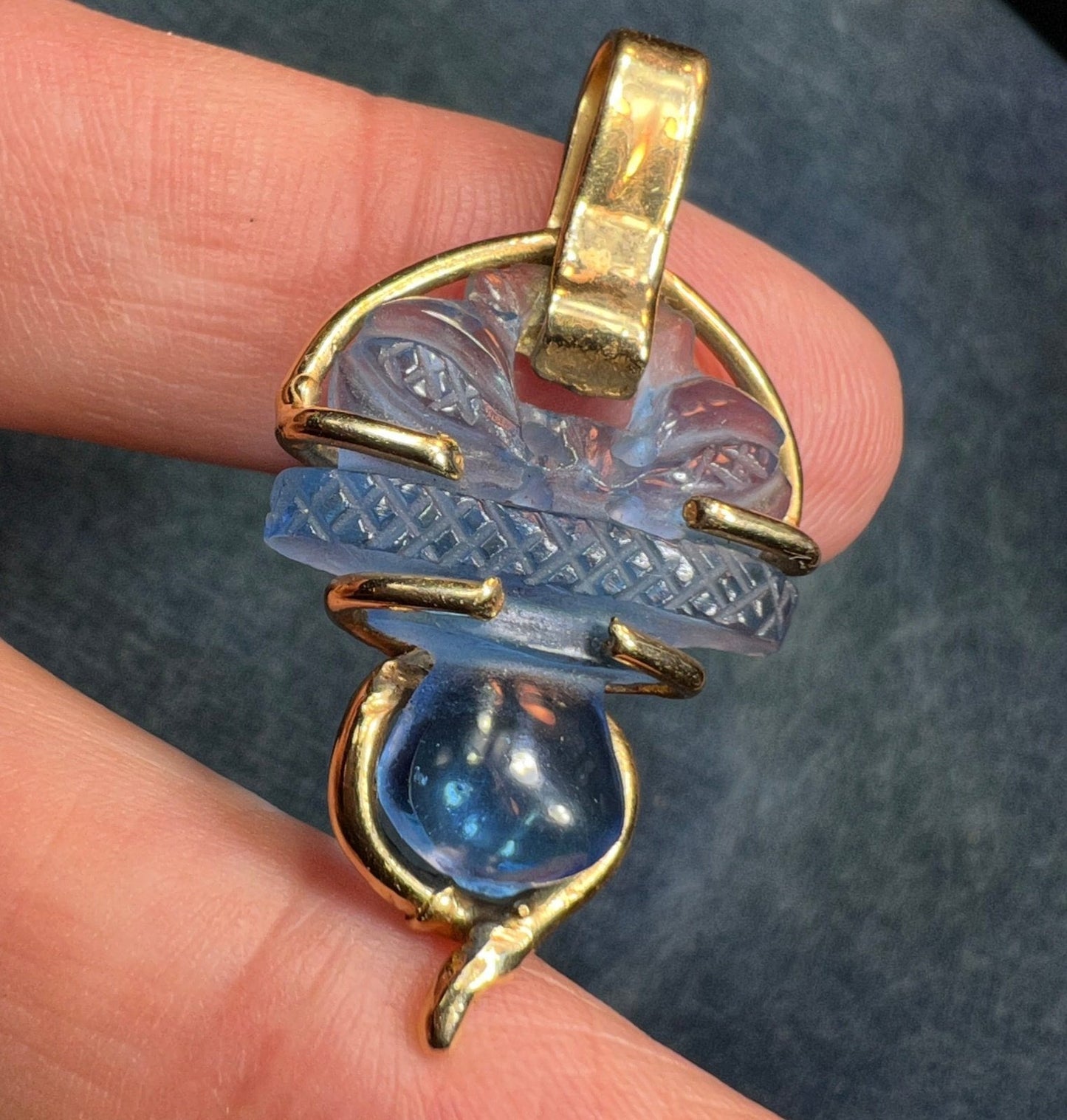 14k Gold Carved Aquamarine Blue Quartz Scottish Thistle Pendant. 1.5"