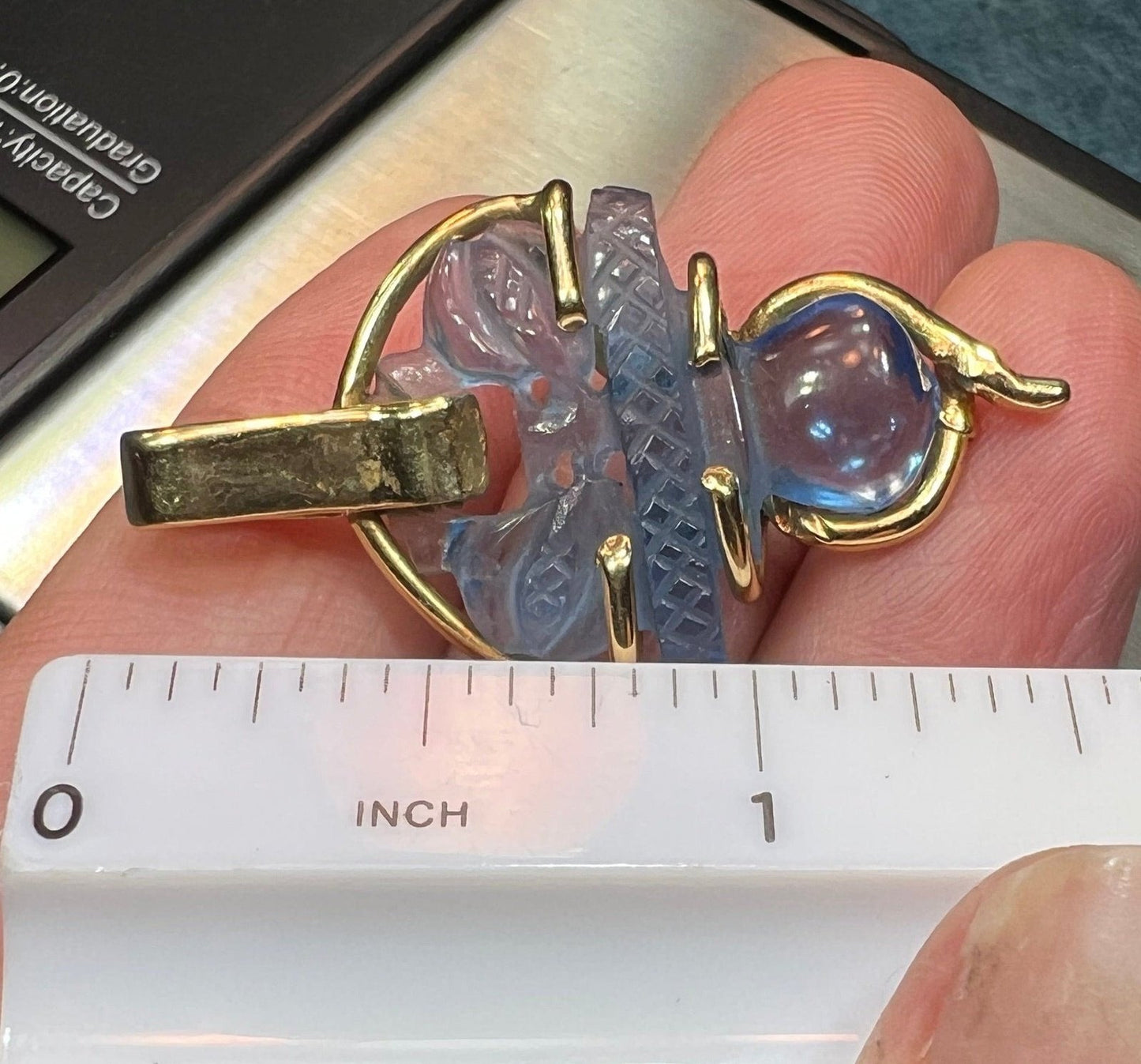 14k Gold Carved Aquamarine Blue Quartz Scottish Thistle Pendant. 1.5"