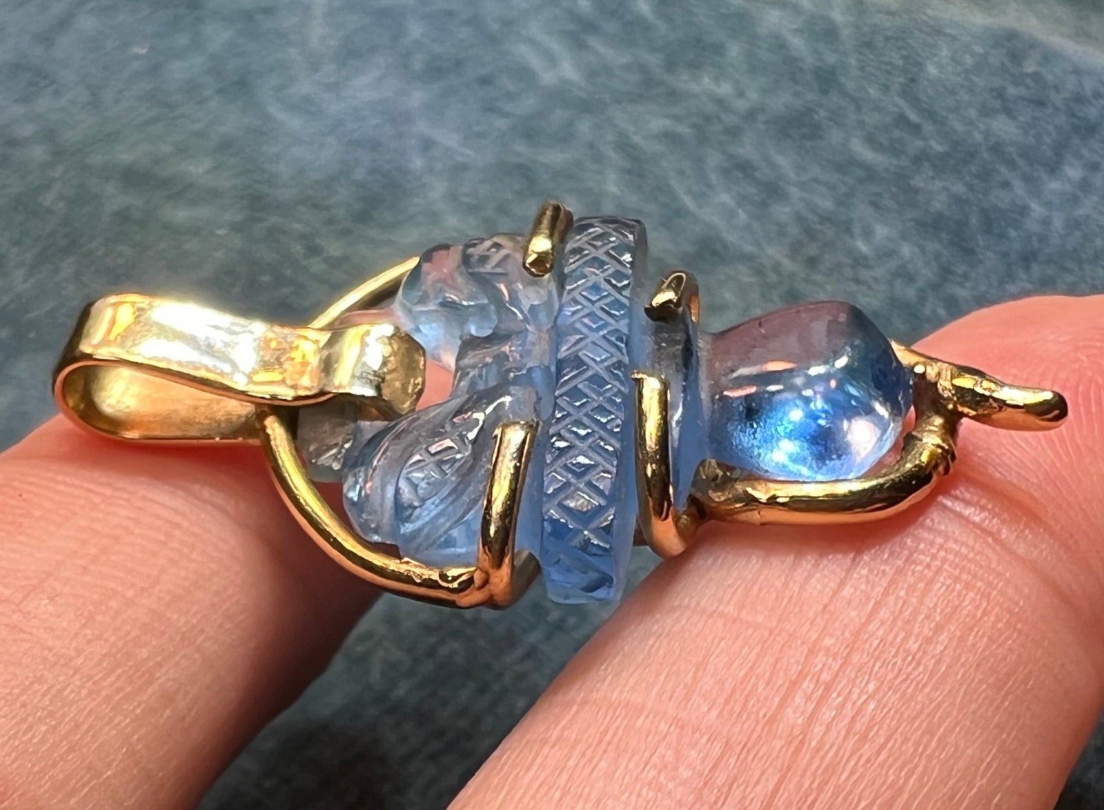 14k Gold Carved Aquamarine Blue Quartz Scottish Thistle Pendant. 1.5"