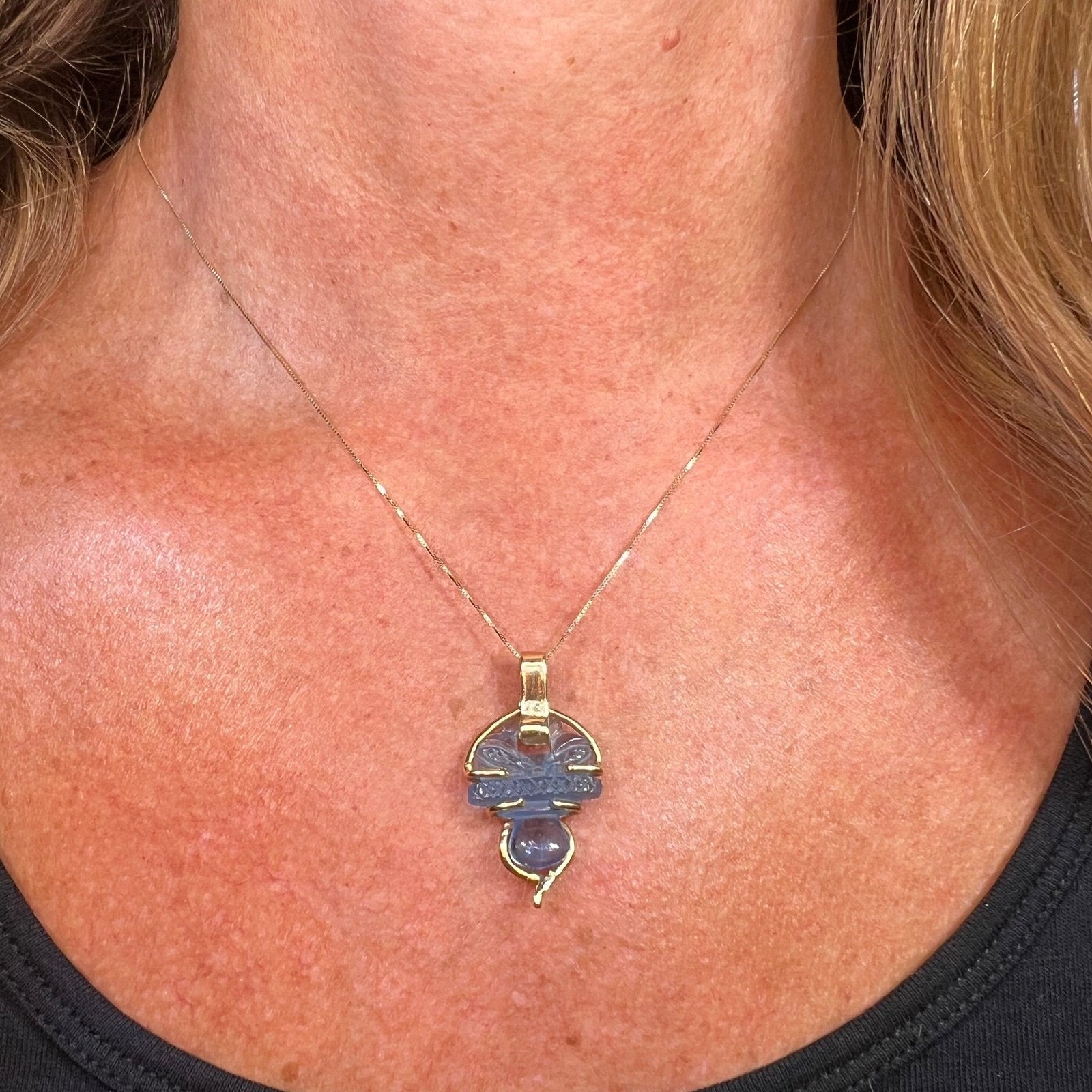 14k Gold Carved Aquamarine Blue Quartz Scottish Thistle Pendant. 1.5"