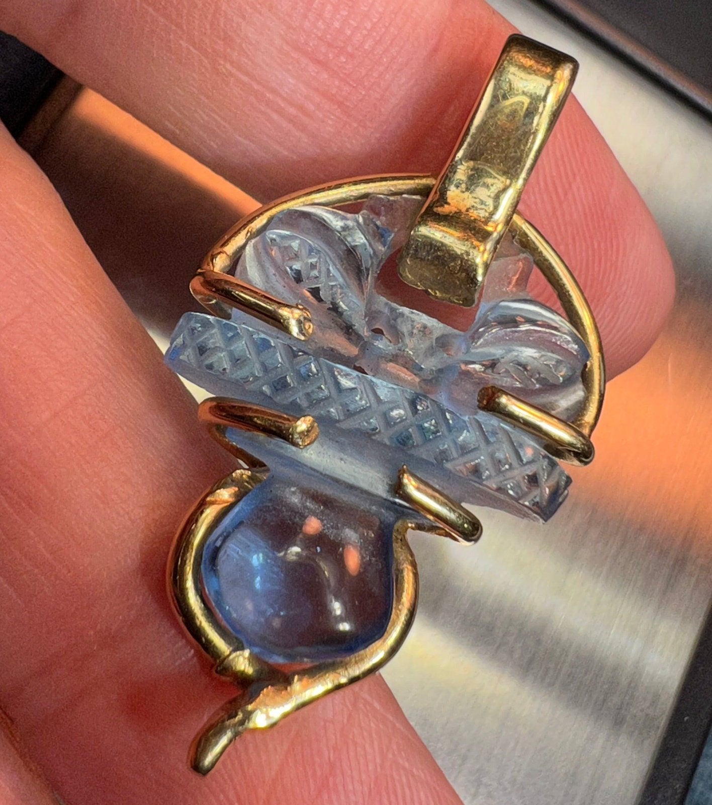 14k Gold Carved Aquamarine Blue Quartz Scottish Thistle Pendant. 1.5"