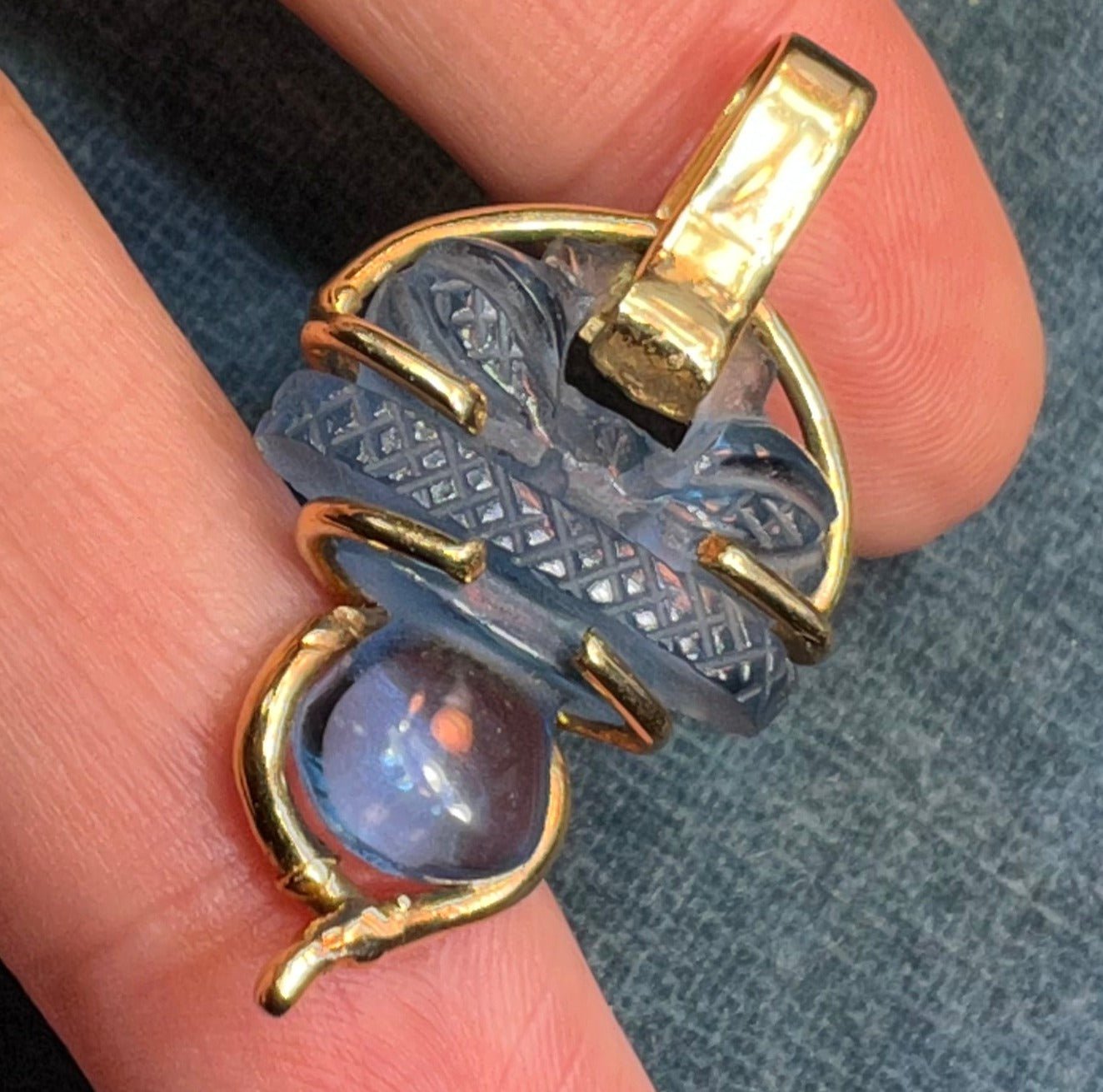 14k Gold Carved Aquamarine Blue Quartz Scottish Thistle Pendant. 1.5"