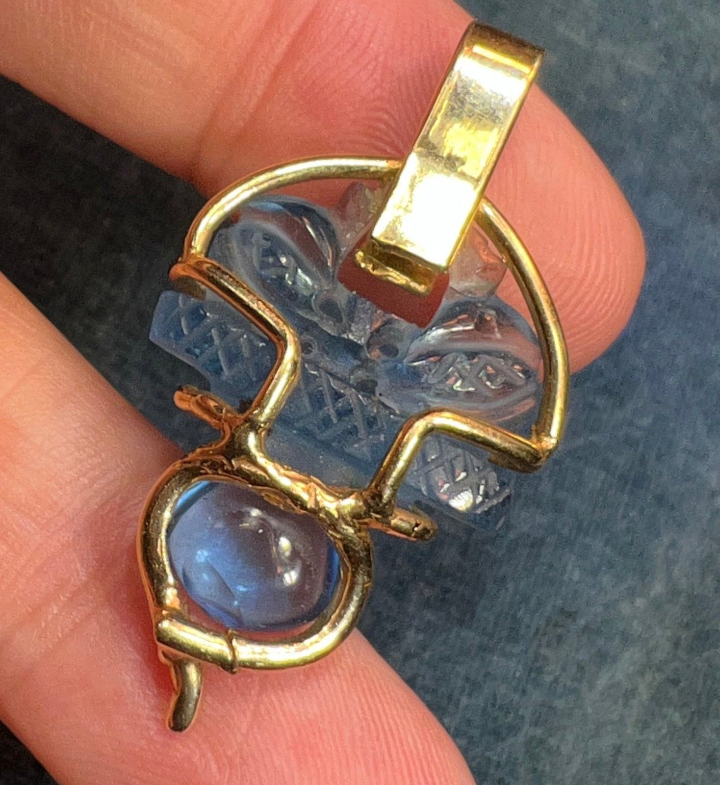 14k Gold Carved Aquamarine Blue Quartz Scottish Thistle Pendant. 1.5"