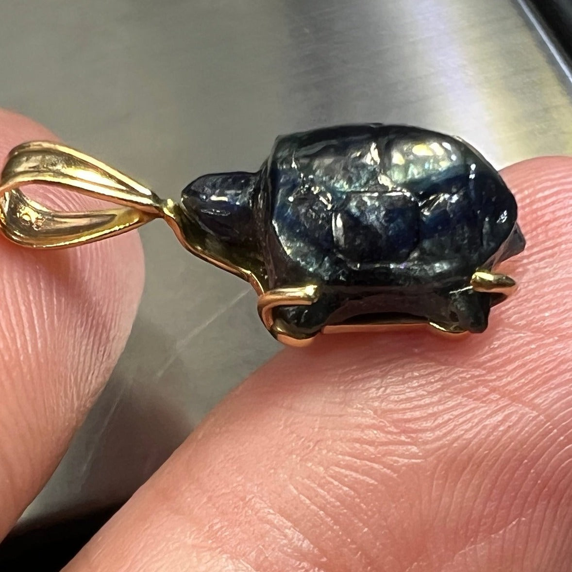 14k Gold Carved Blue Sapphire TURTLE Pendant **Video**