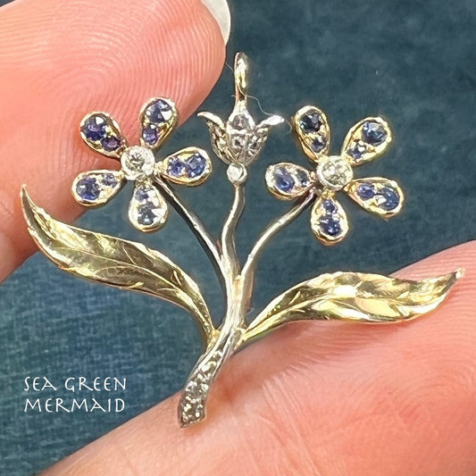 14k Gold Ceylon Blue Sapphire + Diamond Flower Bouquet Pendant
