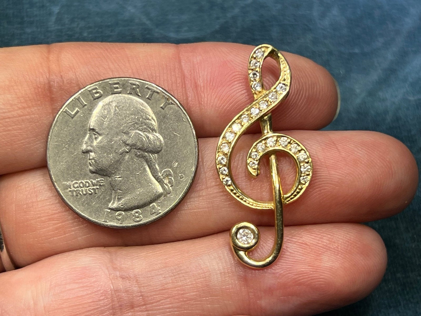 14k Gold Diamond Studded Treble Clef Pendant. 1.5" Music Lovers