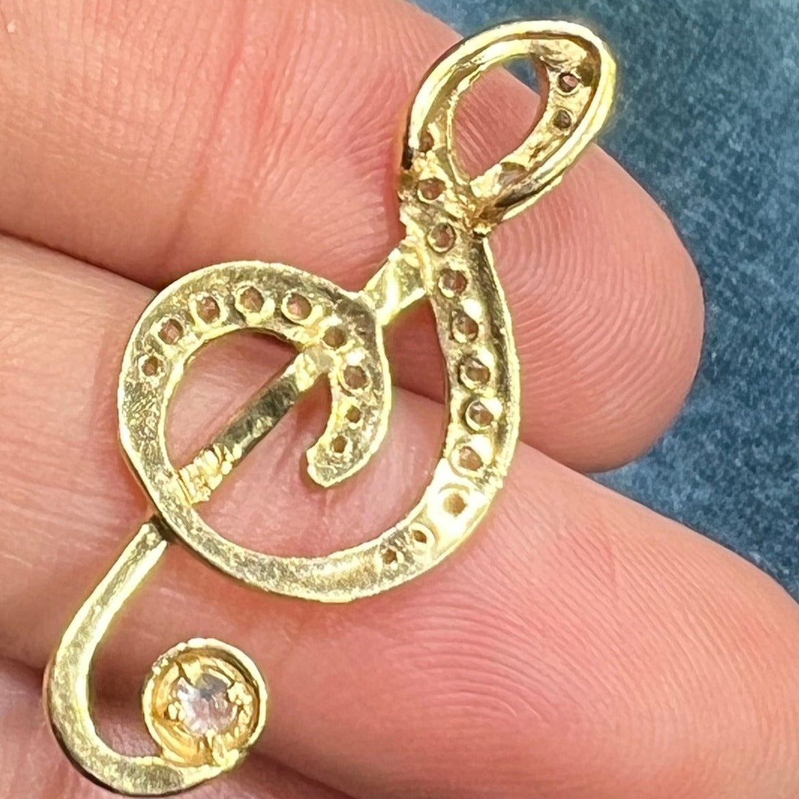 14k Gold Diamond Studded Treble Clef Pendant. 1.5" Music Lovers