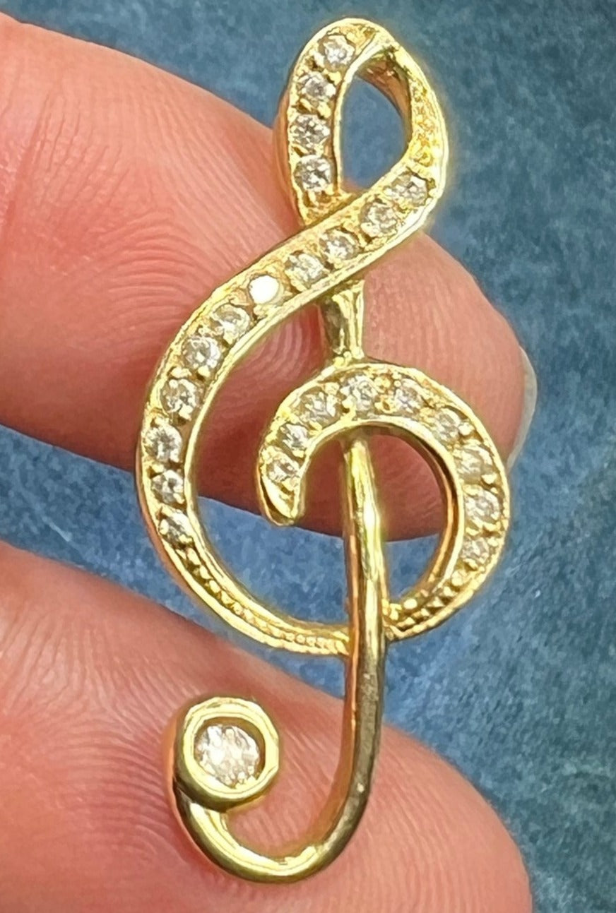 14k Gold Diamond Studded Treble Clef Pendant. 1.5" Music Lovers