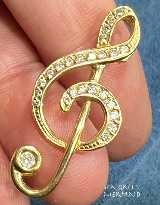 14k Gold Diamond Studded Treble Clef Pendant. 1.5" Music Lovers