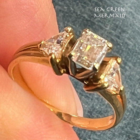 14k Gold Emerald Cut Diamond Ring w Trillion Accents. Engagement