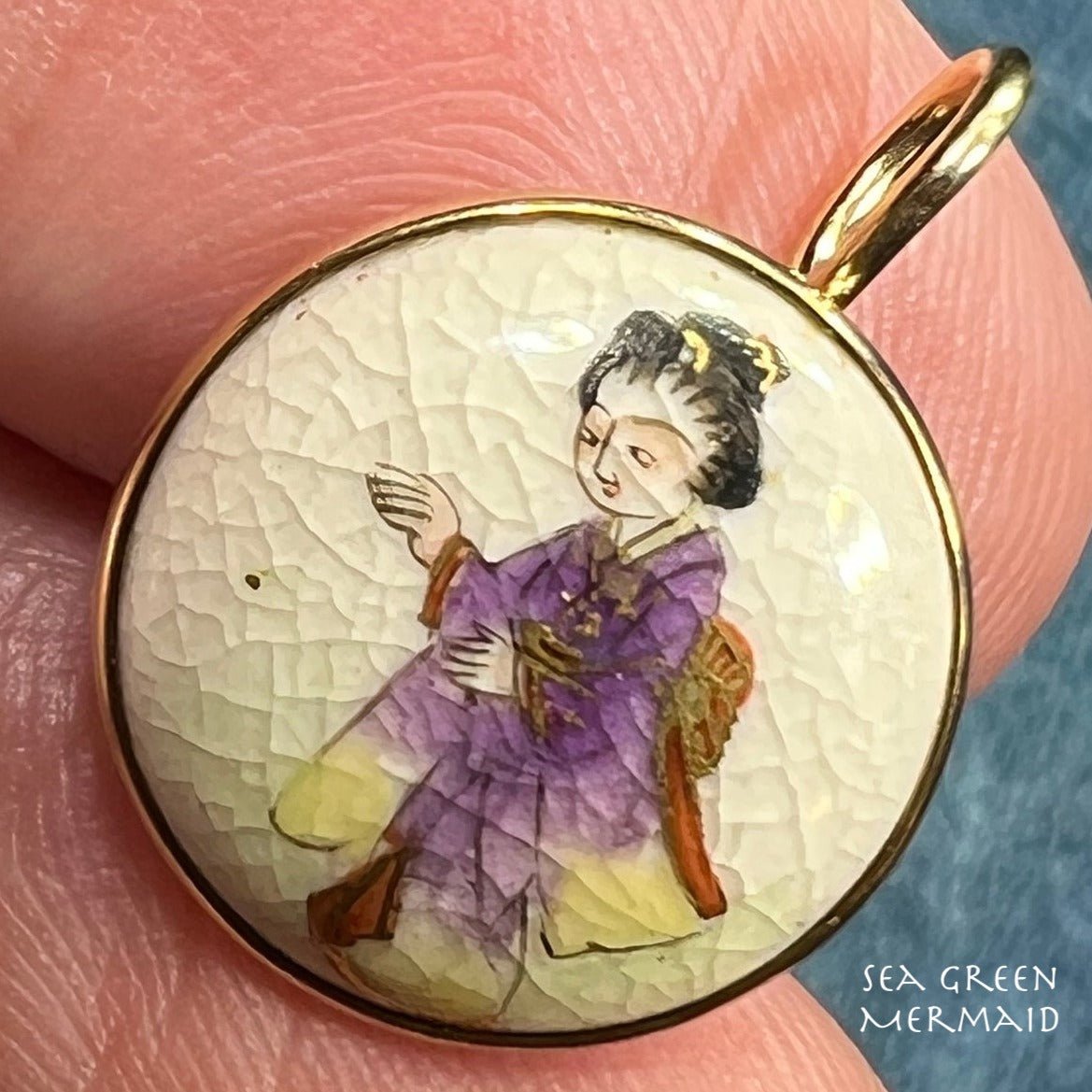 14k Gold Enamel Antique Japanese Woman in Kimono Pendant. Tiny + Exquisite