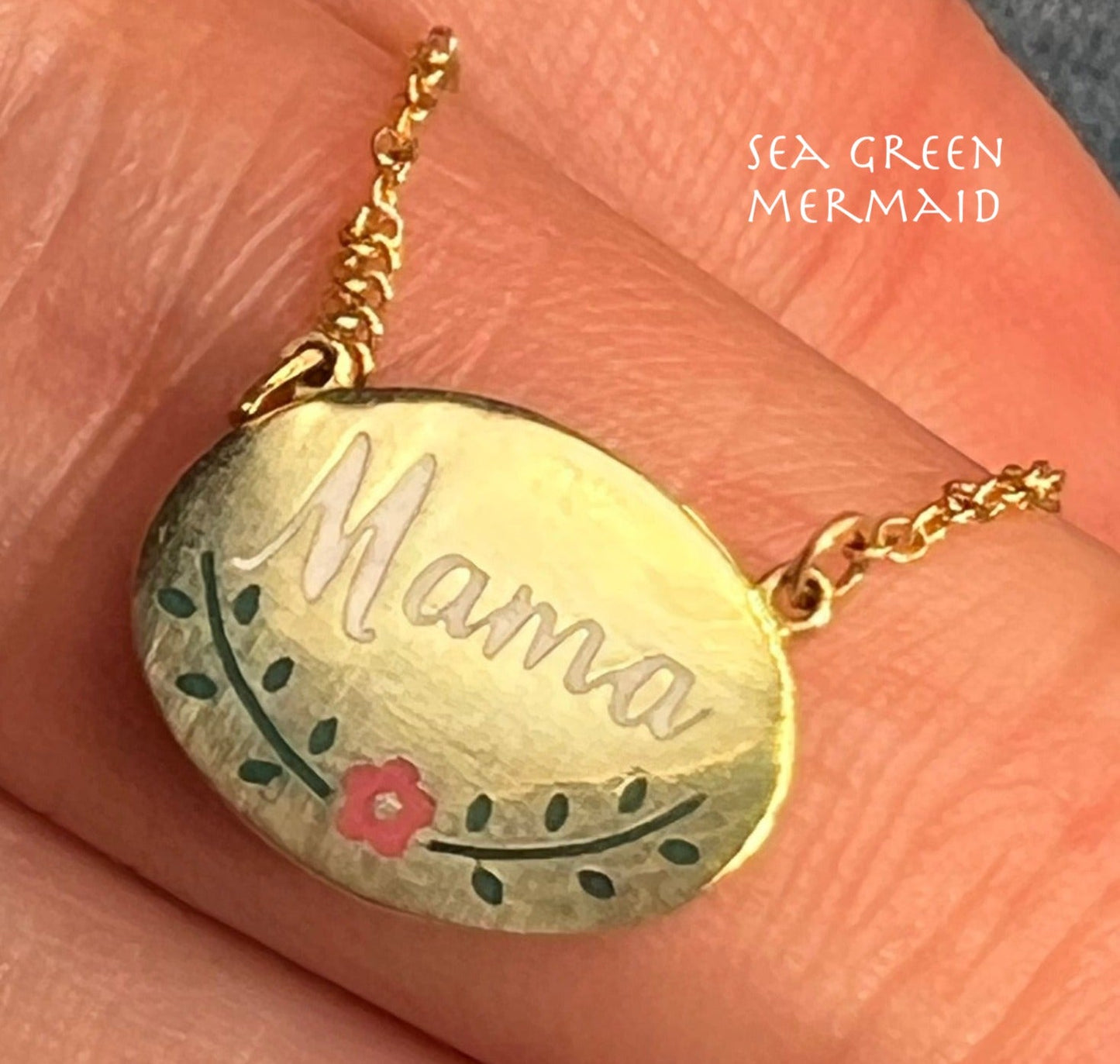 14k Gold Enamel MAMA Disc Pendant w Chain Necklace. Antique