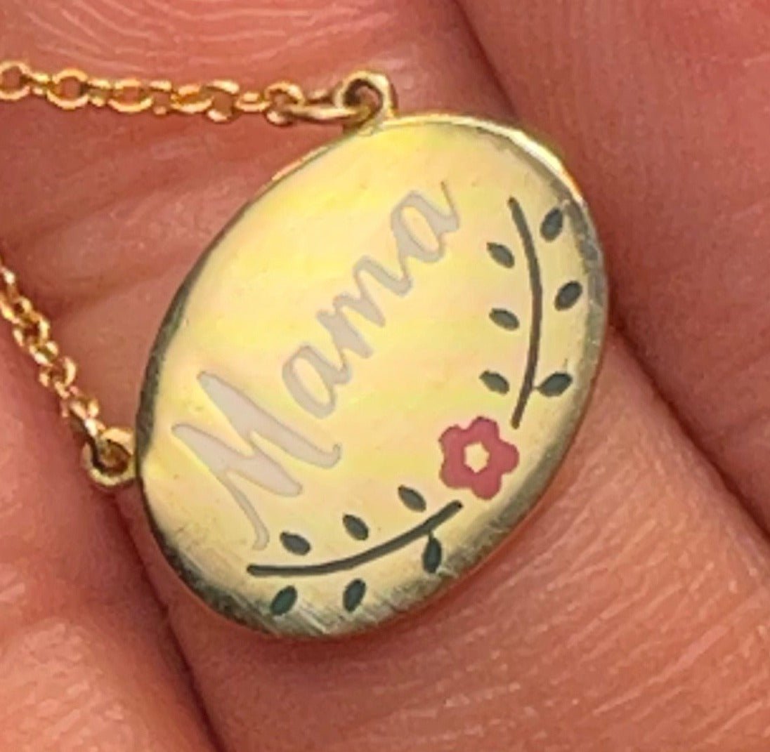 14k Gold Enamel MAMA Disc Pendant w Chain Necklace. Antique