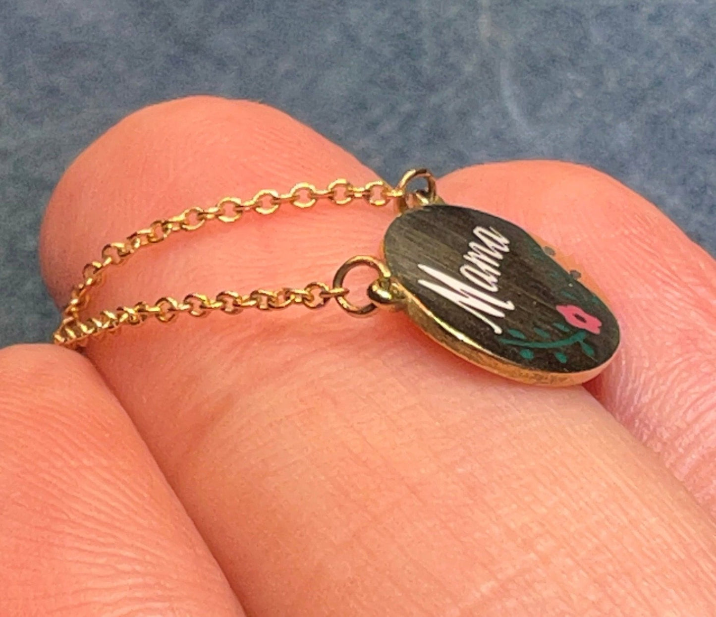 14k Gold Enamel MAMA Disc Pendant w Chain Necklace. Antique