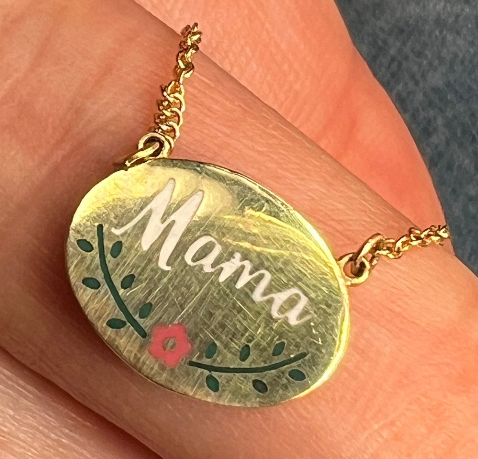 14k Gold Enamel MAMA Disc Pendant w Chain Necklace. Antique