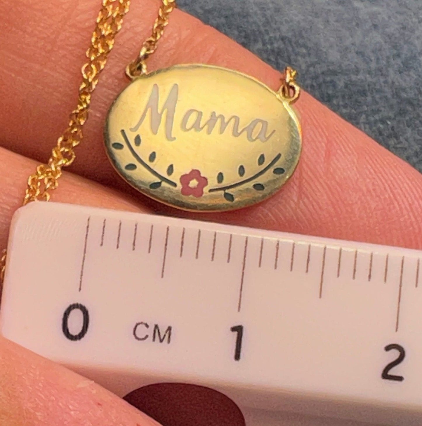 14k Gold Enamel MAMA Disc Pendant w Chain Necklace. Antique
