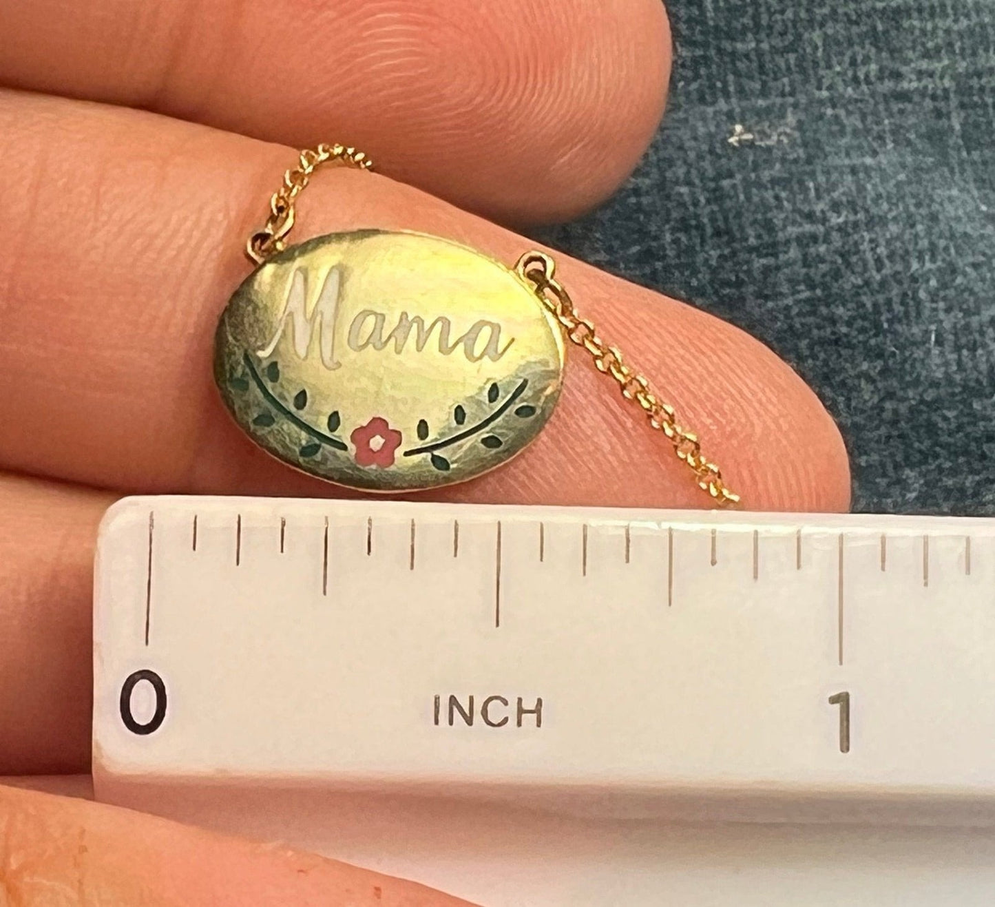 14k Gold Enamel MAMA Disc Pendant w Chain Necklace. Antique
