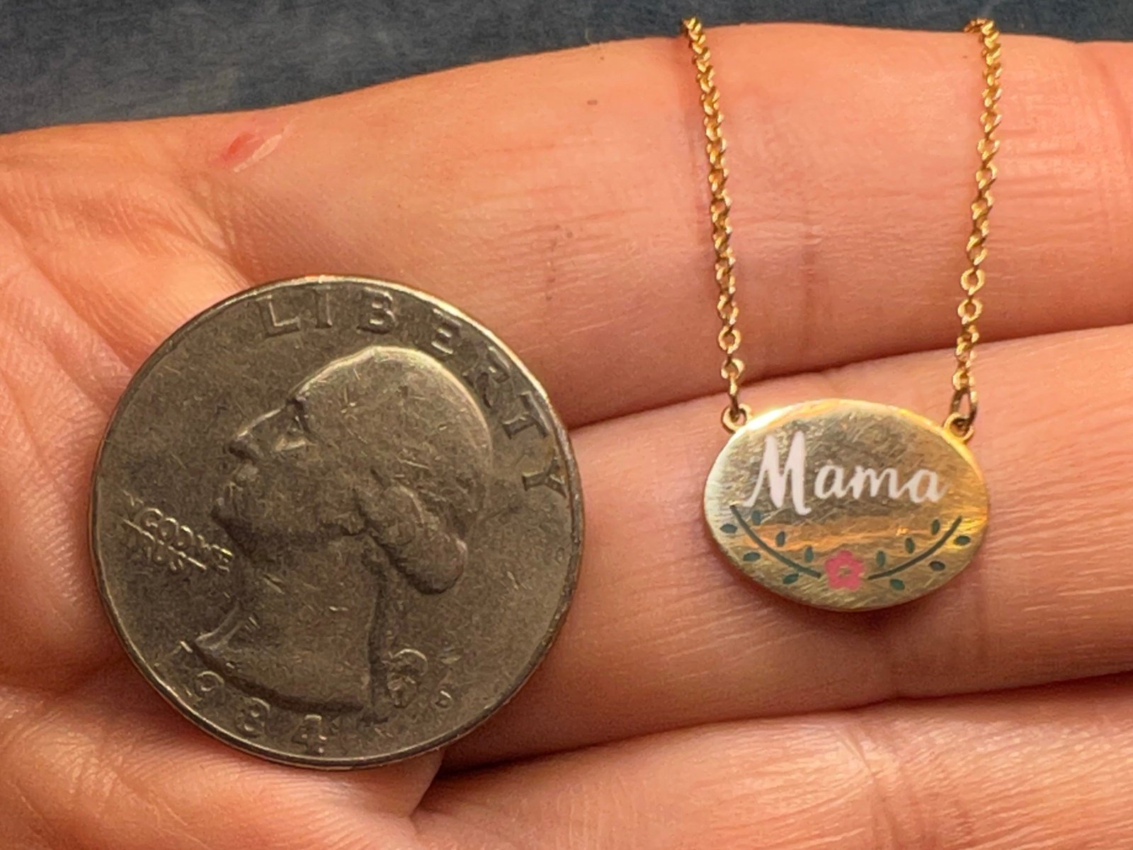 14k Gold Enamel MAMA Disc Pendant w Chain Necklace. Antique