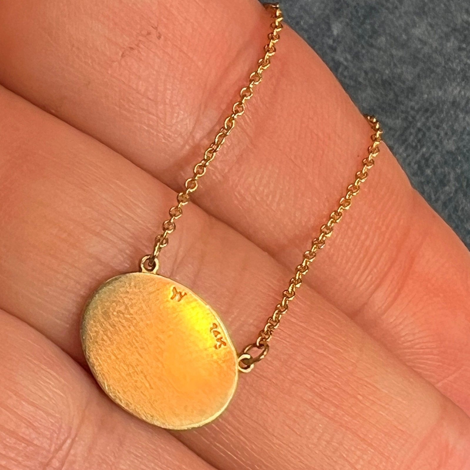 14k Gold Enamel MAMA Disc Pendant w Chain Necklace. Antique