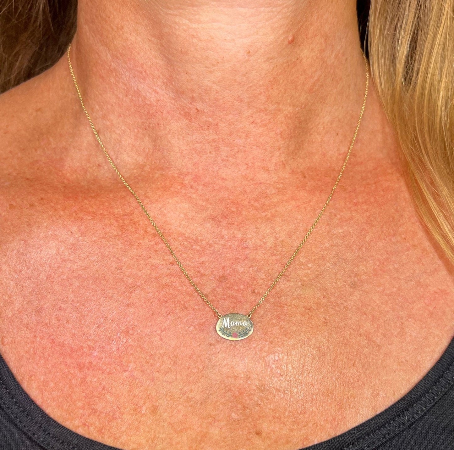 14k Gold Enamel MAMA Disc Pendant w Chain Necklace. Antique
