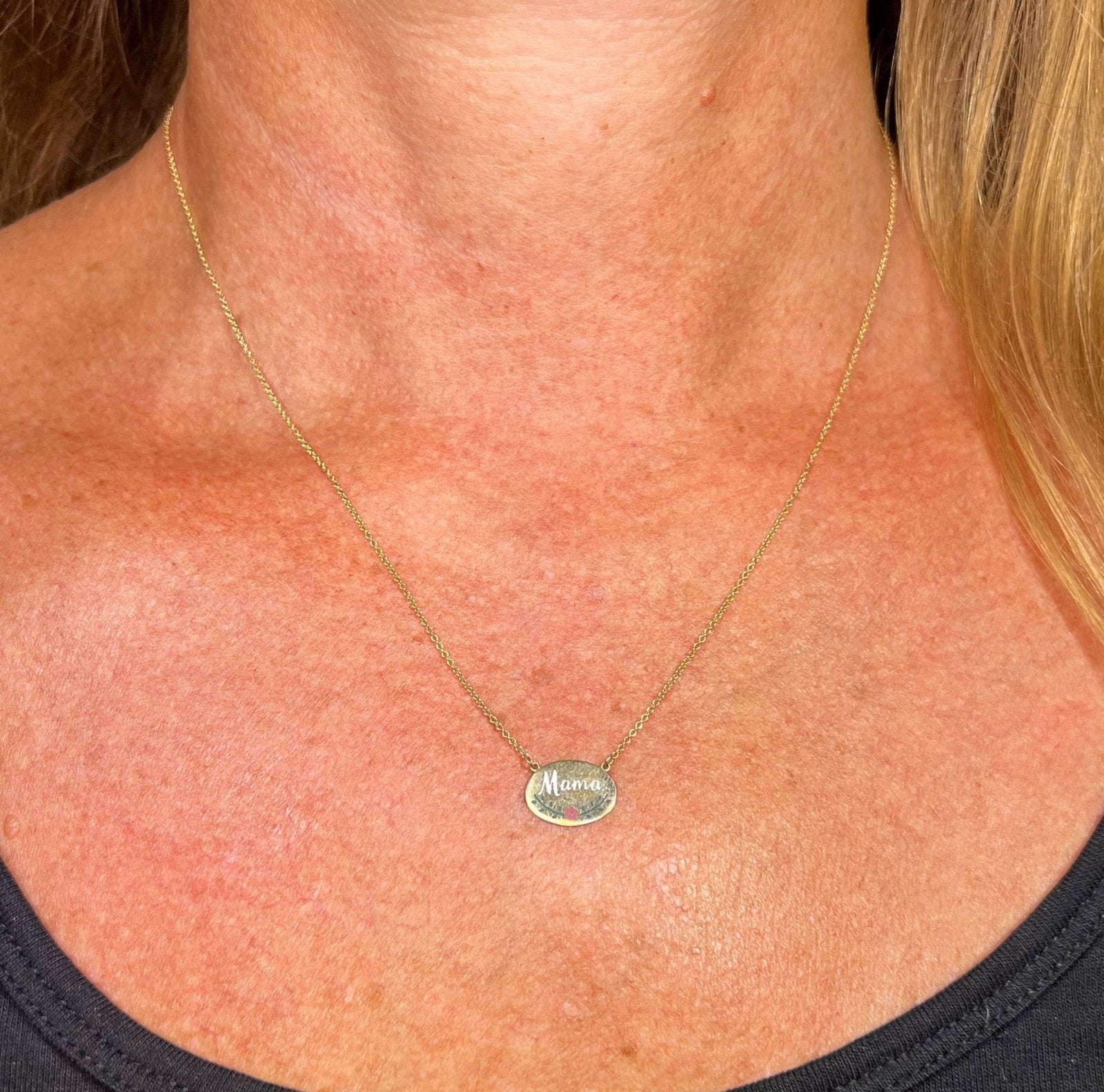 14k Gold Enamel MAMA Disc Pendant w Chain Necklace. Antique