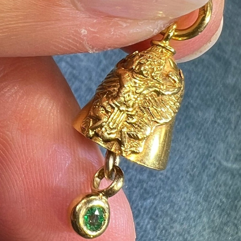 14k Gold Hindu God Vishnu + Garuda Bell Pendant w Emerald