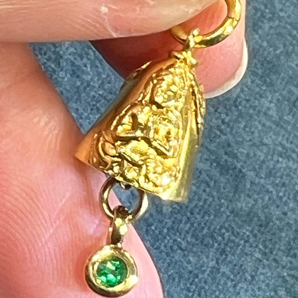 14k Gold Hindu God Vishnu + Garuda Bell Pendant w Emerald