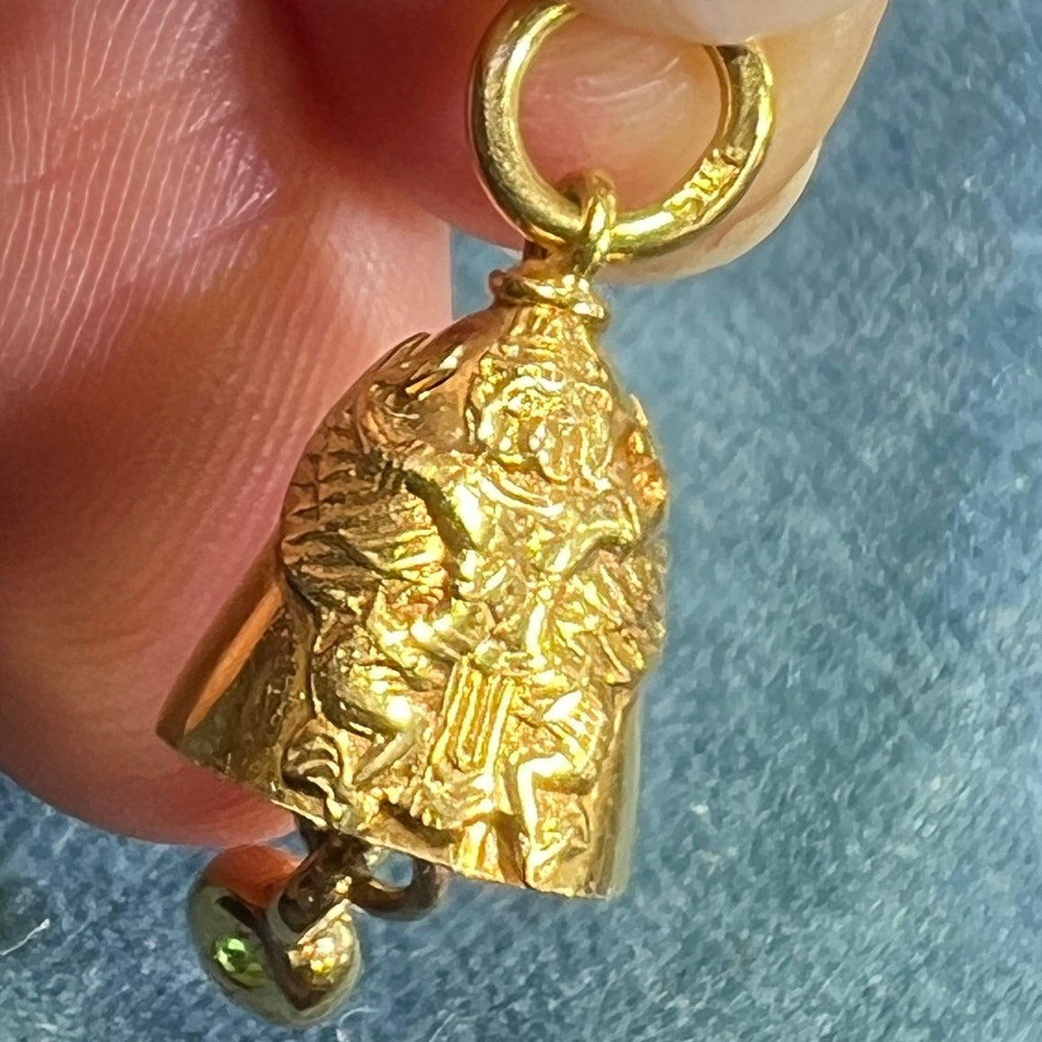 14k Gold Hindu God Vishnu + Garuda Bell Pendant w Emerald