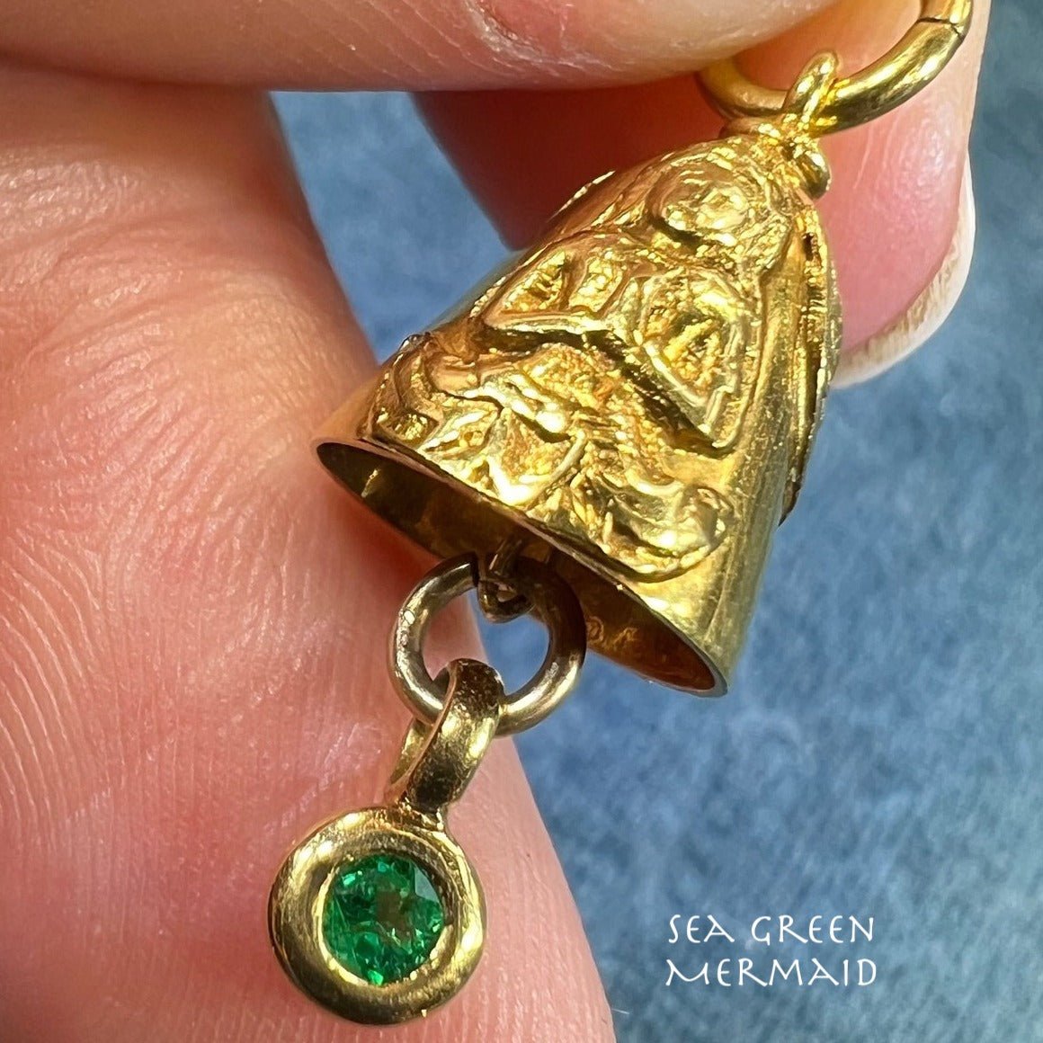 14k Gold Hindu God Vishnu + Garuda Bell Pendant w Emerald