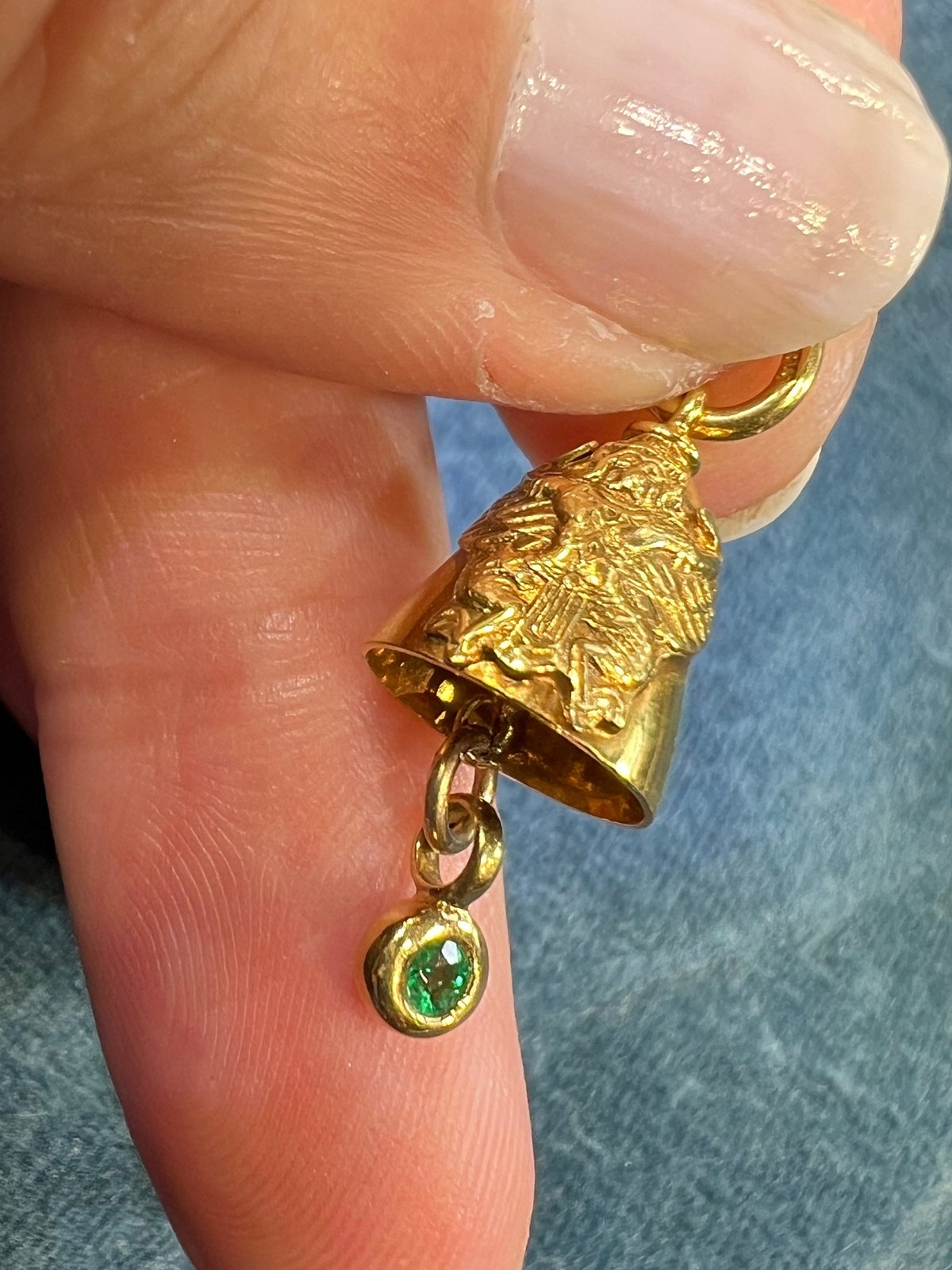 14k Gold Hindu God Vishnu + Garuda Bell Pendant w Emerald