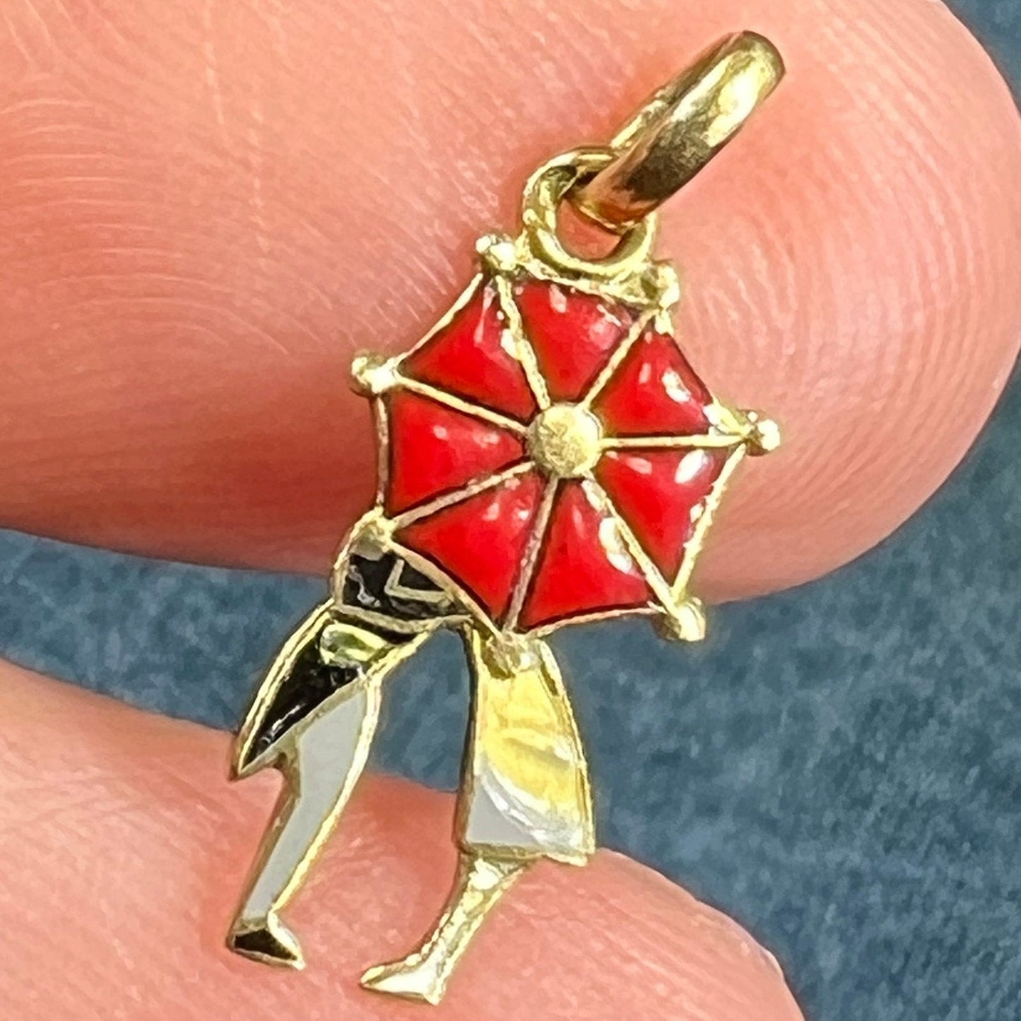 14k Gold "Kissing in the Rain" Under Red Umbrella Pendant. Tiny!