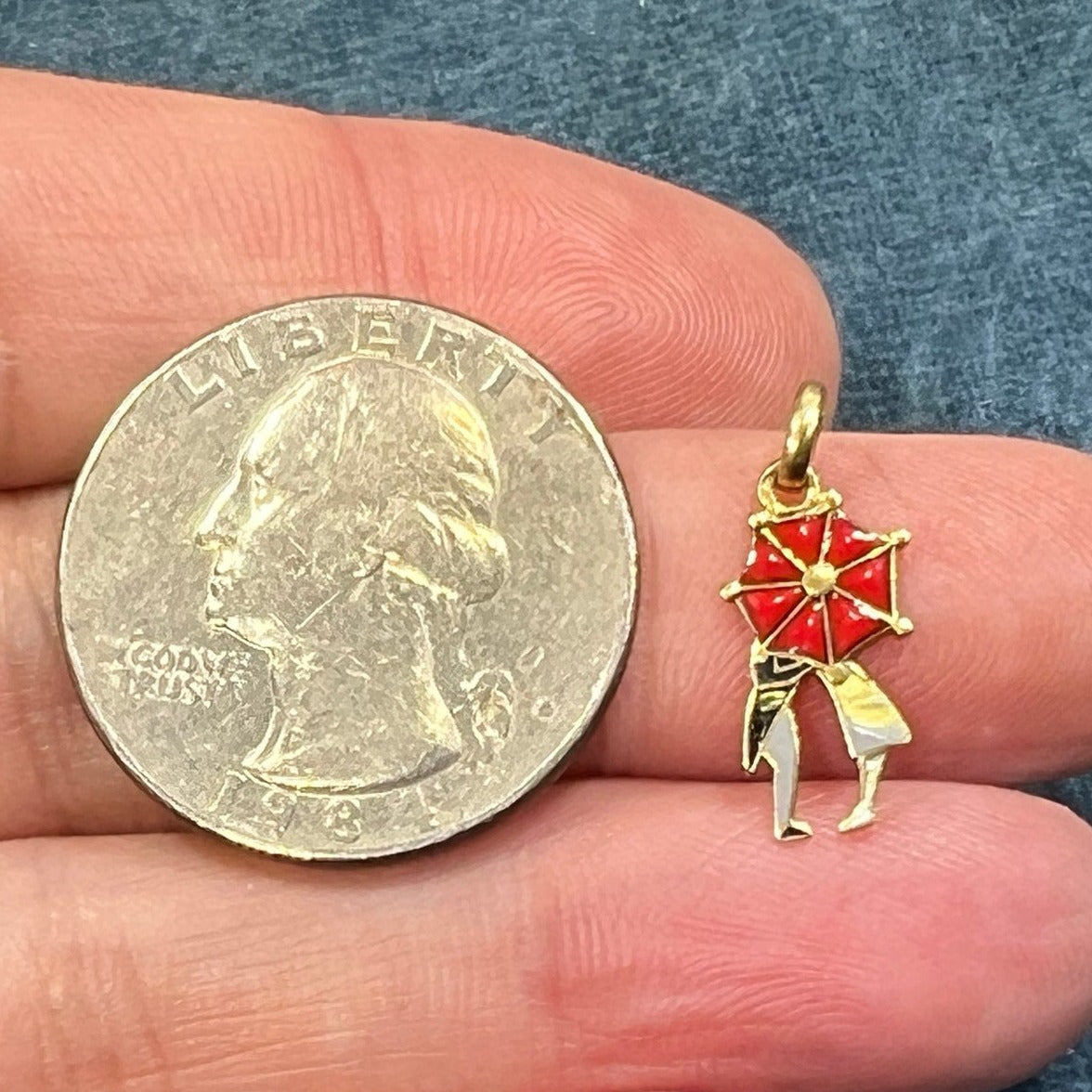 14k Gold "Kissing in the Rain" Under Red Umbrella Pendant. Tiny!