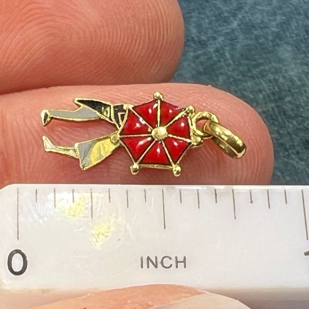 14k Gold "Kissing in the Rain" Under Red Umbrella Pendant. Tiny!