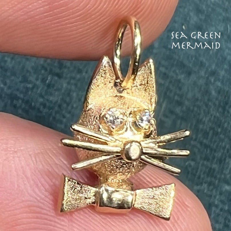 14k Gold Kitty Cat Pendant w Diamond Eyes + Bow Tie