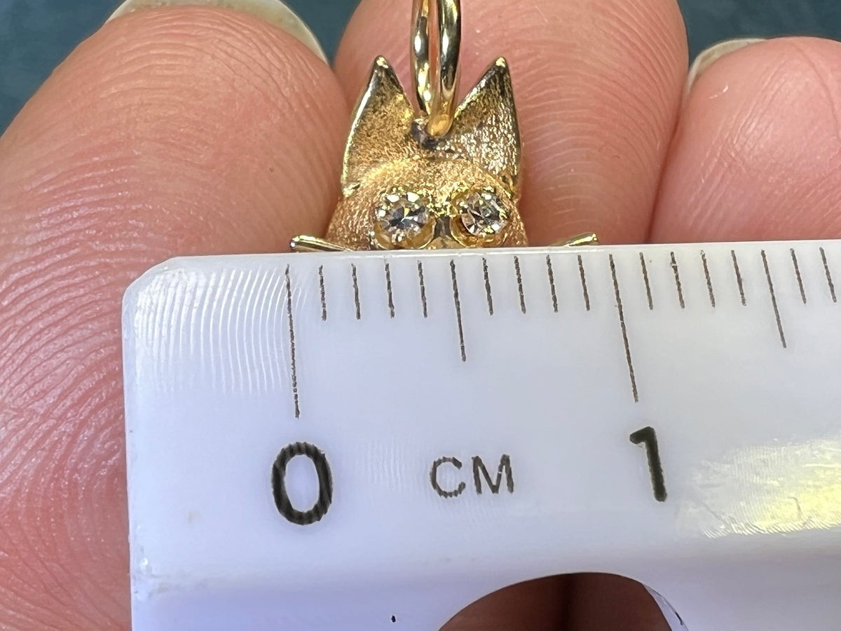 14k Gold Kitty Cat Pendant w Diamond Eyes + Bow Tie