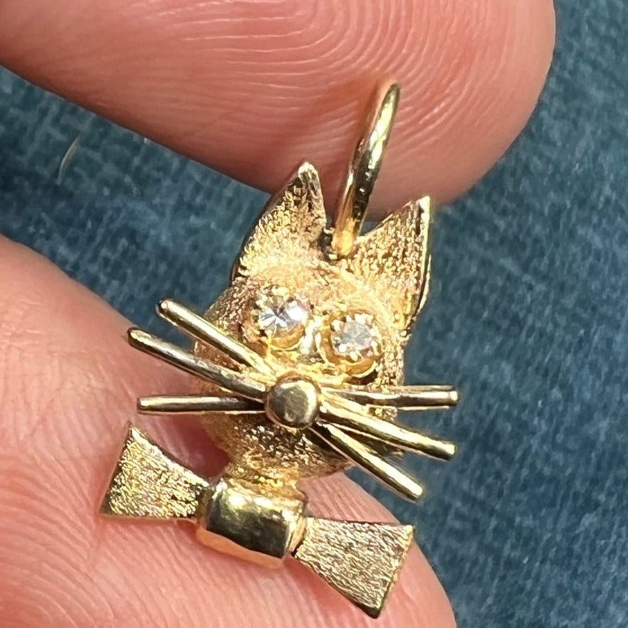 14k Gold Kitty Cat Pendant w Diamond Eyes + Bow Tie