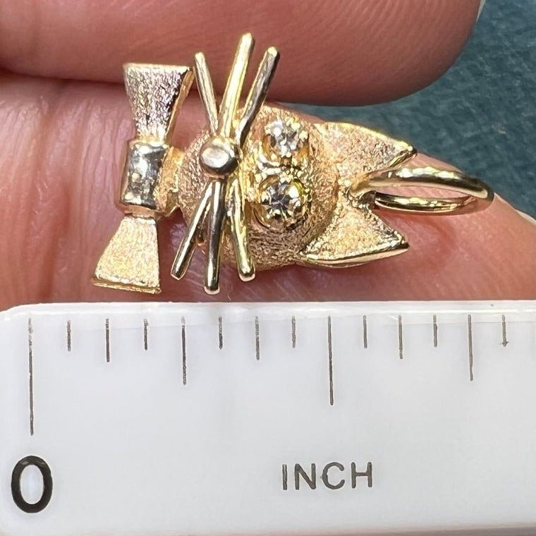 14k Gold Kitty Cat Pendant w Diamond Eyes + Bow Tie