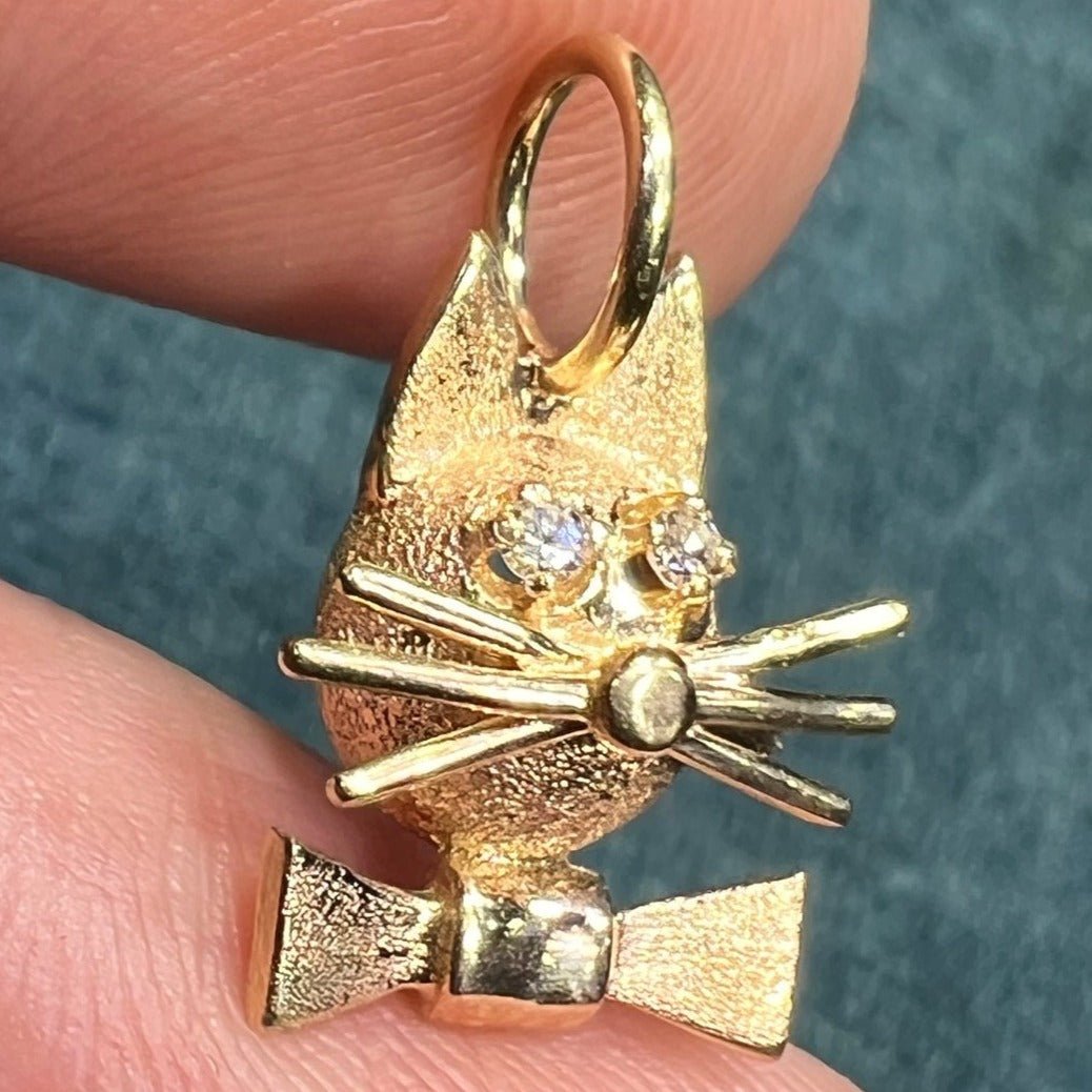 14k Gold Kitty Cat Pendant w Diamond Eyes + Bow Tie