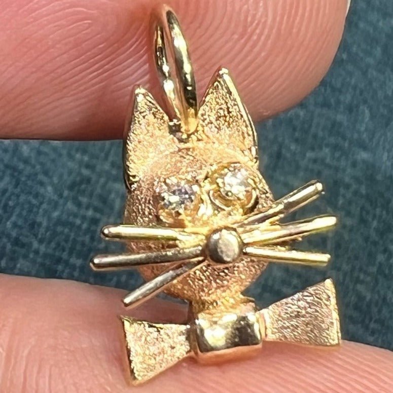 14k Gold Kitty Cat Pendant w Diamond Eyes + Bow Tie