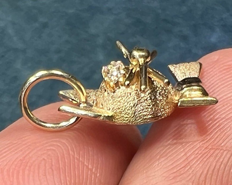 14k Gold Kitty Cat Pendant w Diamond Eyes + Bow Tie