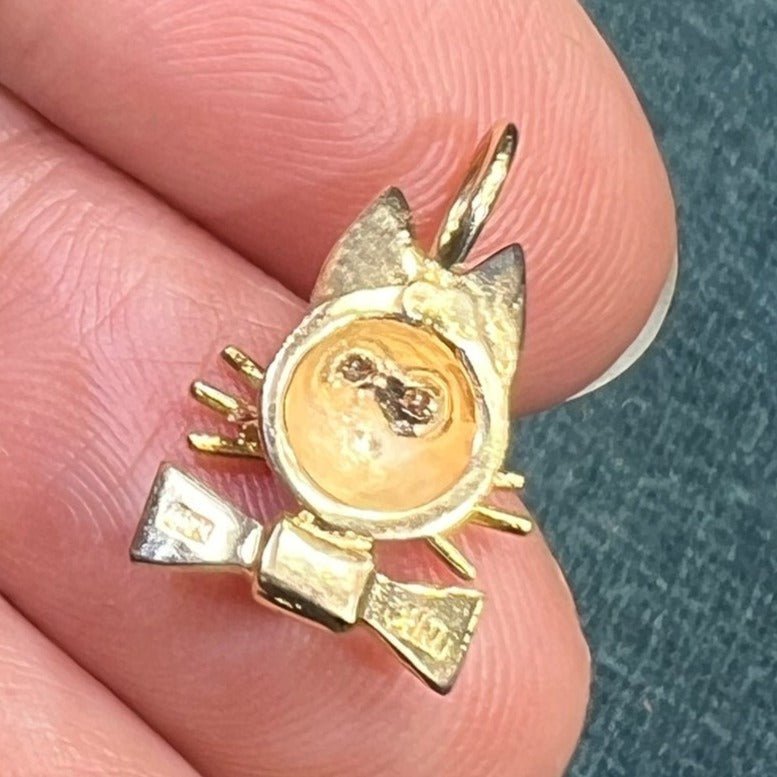 14k Gold Kitty Cat Pendant w Diamond Eyes + Bow Tie