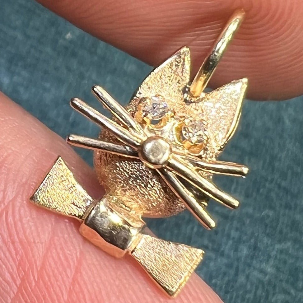 14k Gold Kitty Cat Pendant w Diamond Eyes + Bow Tie