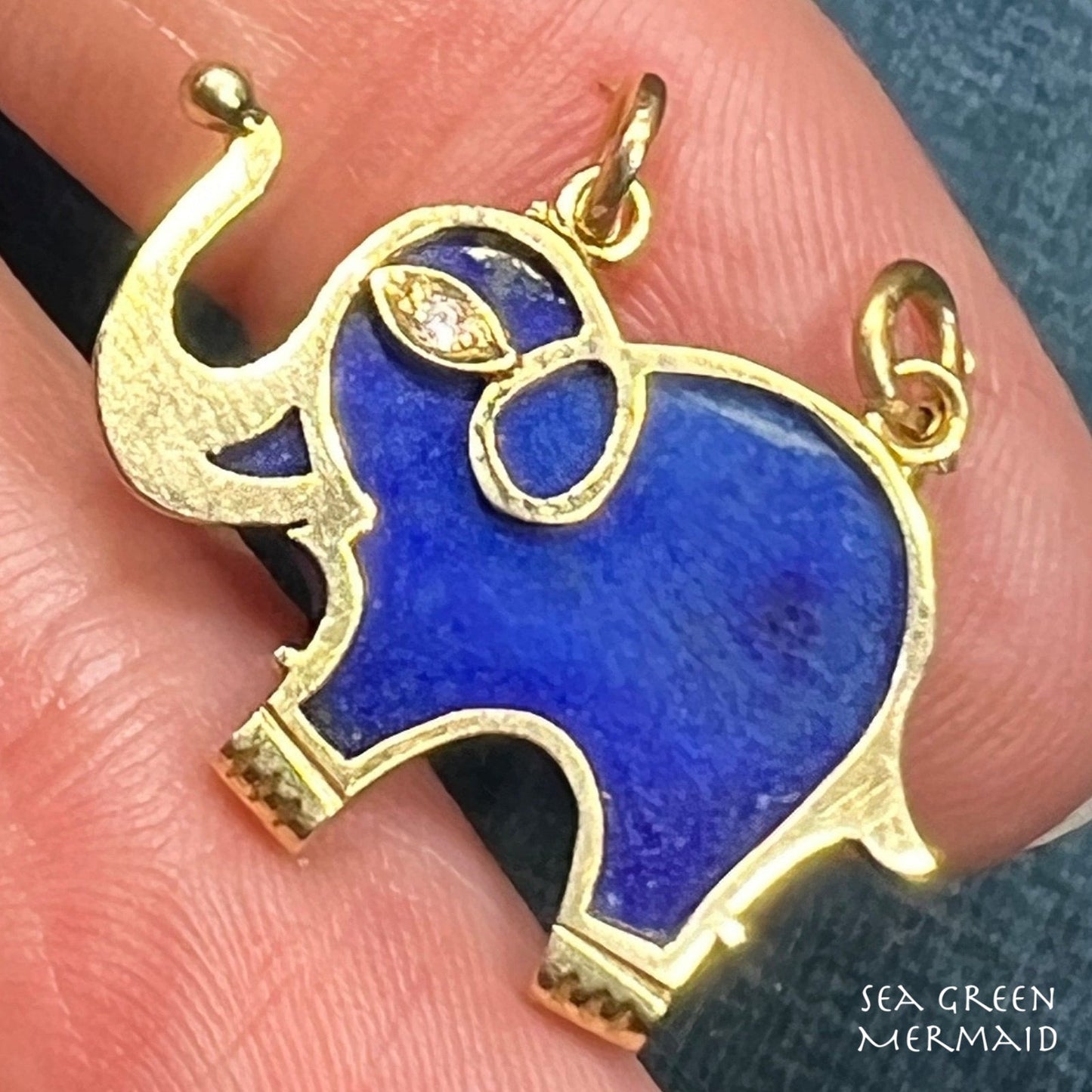 14k Gold Lapis Lazuli Elephant Pendant w Diamond Eye. 2 Bails