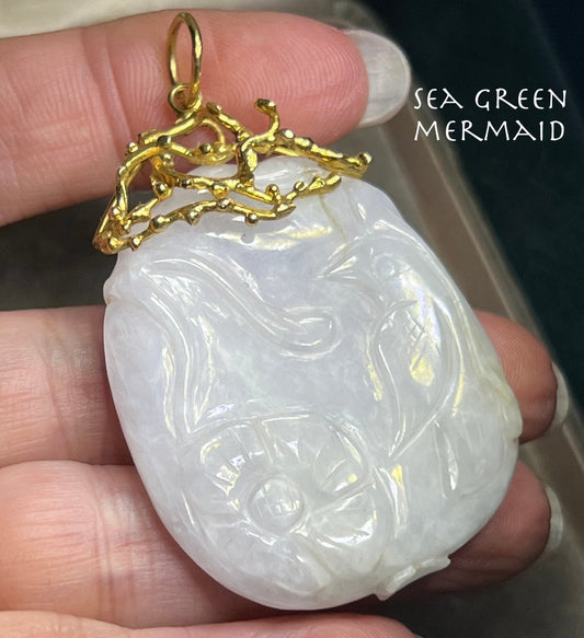 14k Gold Lavender Jade Carved Bird + Flower Pendant. 2.5" 26g