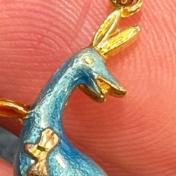 14k Gold Mama + Baby KANGAROO Pendant. Blue Enamel TINY!