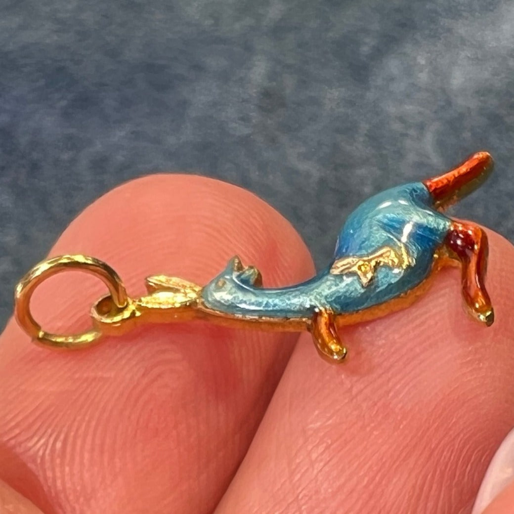 14k Gold Mama + Baby KANGAROO Pendant. Blue Enamel TINY!